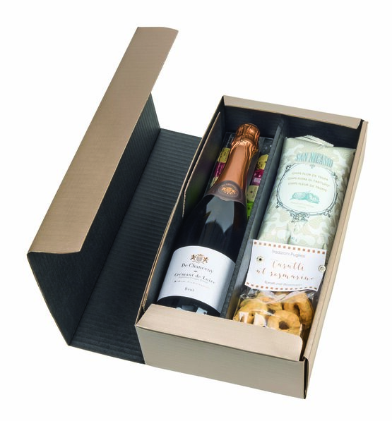 Feinkost-Geschenk "Crémant", Crémant de Loire Brut Blanc Cuvée "de Chanceny", Taralli al Rosmarino, Tartufi piemontesi, Chips Fiore di Tartufo, Geschenkkarton (Postversand möglich)