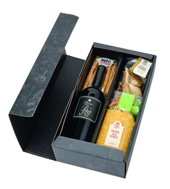 Feinkost-Geschenk "Brivio", Merlot Ticino Prà Rosso Guido Brivio, Tessiner Polenta grobkörnig, Steinpilze getrocknet, Tartufi piemontesi assortiert, Mini-Grissini, Geschenkkarton (Postversand möglich)