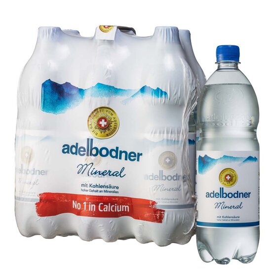 Adelbodner Mineral blau mit Kohlensäure 1 L PET EW 6-Pack 