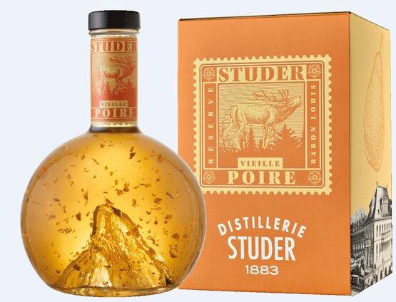 Studer Gold Selection Vieille Poire (Williams) mit Goldflitter Karat Réserve Baron Louis - Flasche Matterhorn