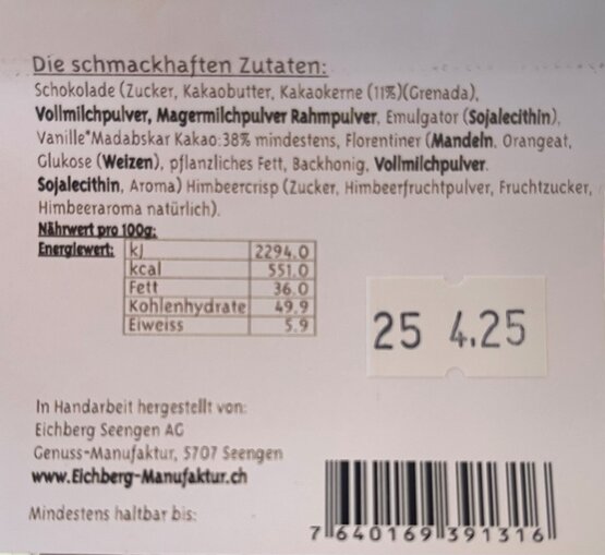 Bruchschoggi Florentiner Himbeer Eichberg 140g