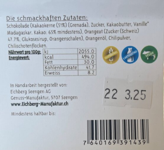 Bruchschoggi Orangen Chili Eichberg 140g