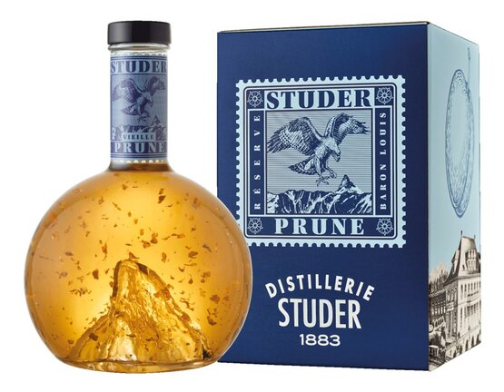 Vieille Prune Studer mit echtem Goldflitter, 24 Karat Réserve Baron Louis
mit Matterhorn in Geschenkverpackung